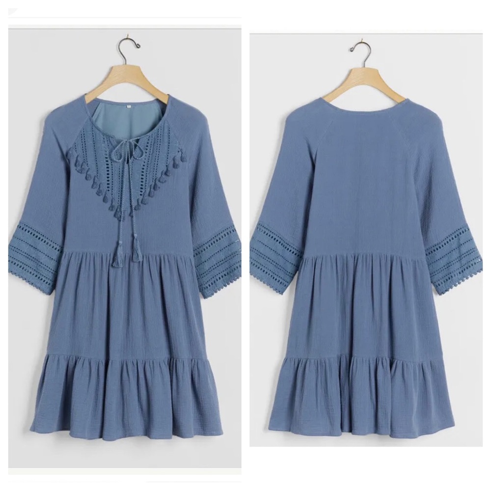 nwt ANTHROPOLOGIE | Angelica Tasseled Tunic Dress | Soft Blue | Small